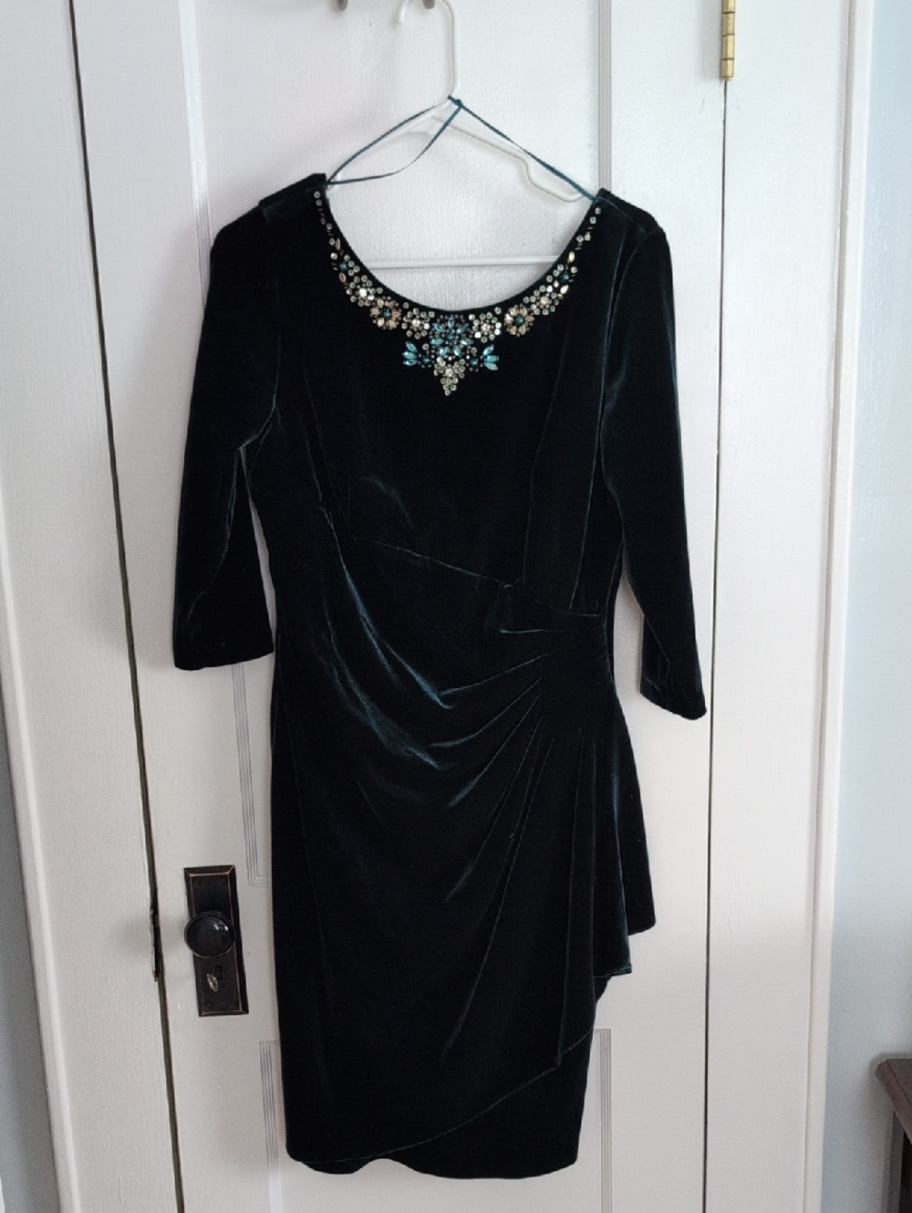 Alex Evenings Dark Green Velvet Long Sleeve Dress with Jeweled Scoop Neck